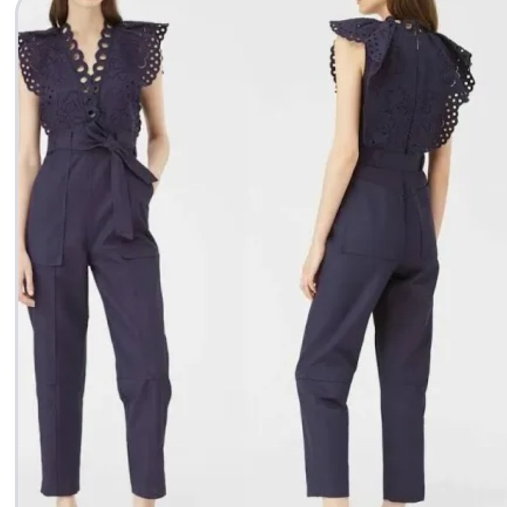 REBECCA TAYLOR Arianna Sleeveless Embroidered Jumpsuit Indigo Blue Size 6